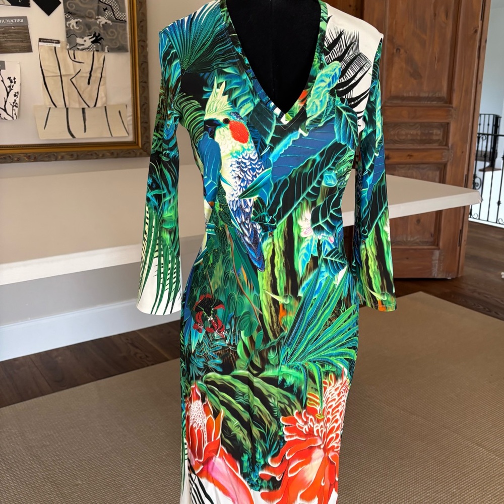 Roberto Cavalli Blue, Green, and Orange Tropical dress.